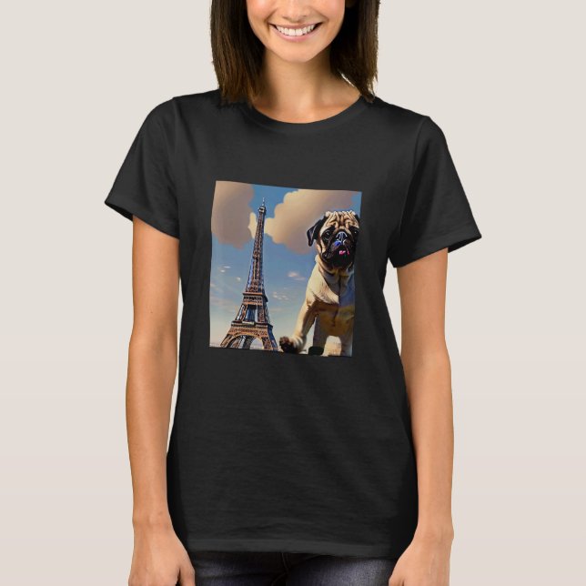 T-shirt Pug  Eiffel Tower France Paris  Men Women Girls Do (Devant)