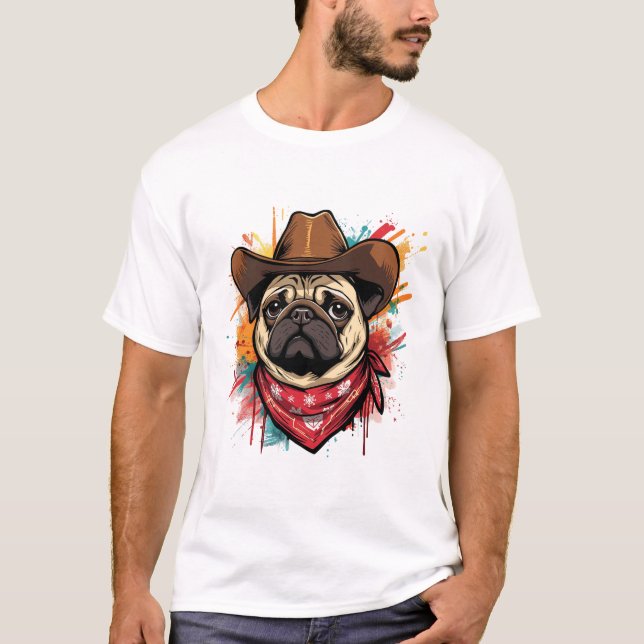 T-shirt Pug face Cute Western cowboy hat & bandana (Devant)