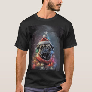 T-shirt Pug noir Chien Arbre de Noël Père Noël