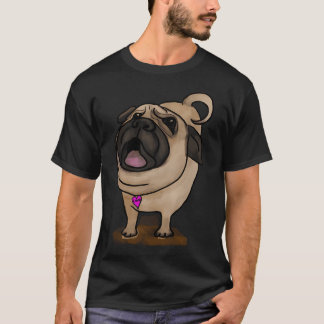 T-shirt PUG qui aboie ! Crème, Tan, Noir avec cœur rose et