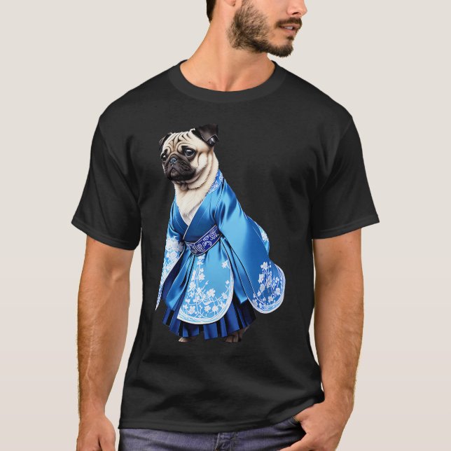 T-shirt Pug royal en hanbok bleu avec broderie complexe (Devant)
