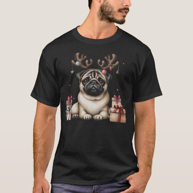 T-shirt Pug Santa Christmas Tree Lights Xmas Boys Men Dogm (Devant)