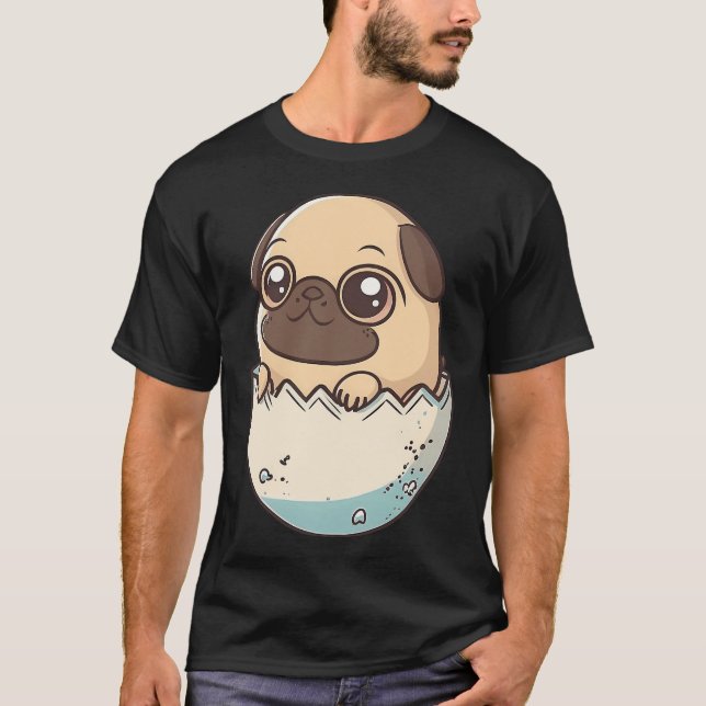 T-shirt pug sortant d'un œuf, chiot chibi kawaii avec  (Devant)