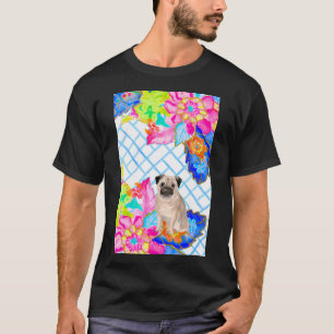 T-shirt Pug sur feuilles de tabac en chinoiserie sur fond
