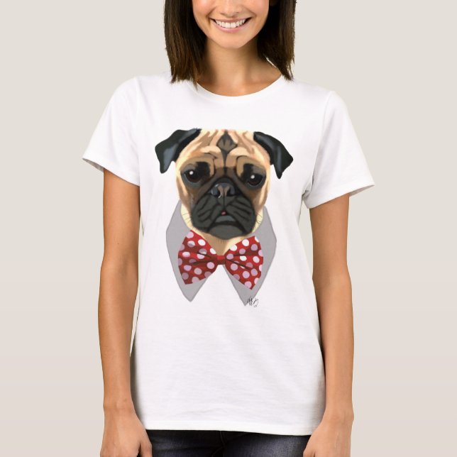 T-shirt Pug with Red and White Spotty Bow Tie (Devant)