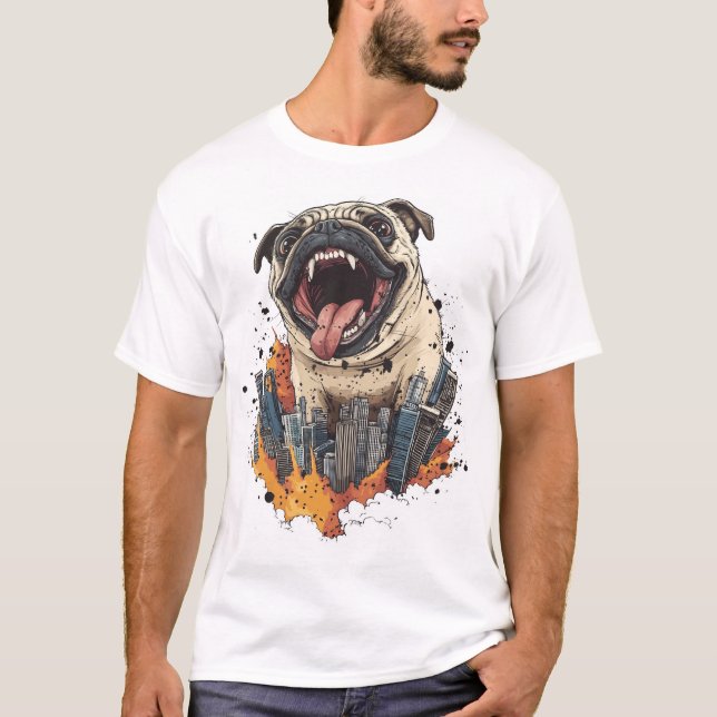 T-shirt Pugzilla Attaque � Drôle de Chien Monstre (Devant)