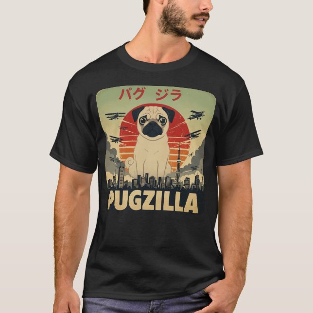T-shirt Pugzilla Drôle Rétro Kaiju Chien Pug Géant Monstre (Devant)