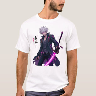 T-shirt Puissant guerrier de l'Anime à Haired blanc avec é