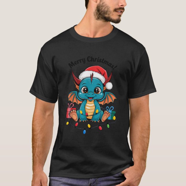 T-shirt Pull de Noël Dragon Lumières de fée de dragon mign (Devant)