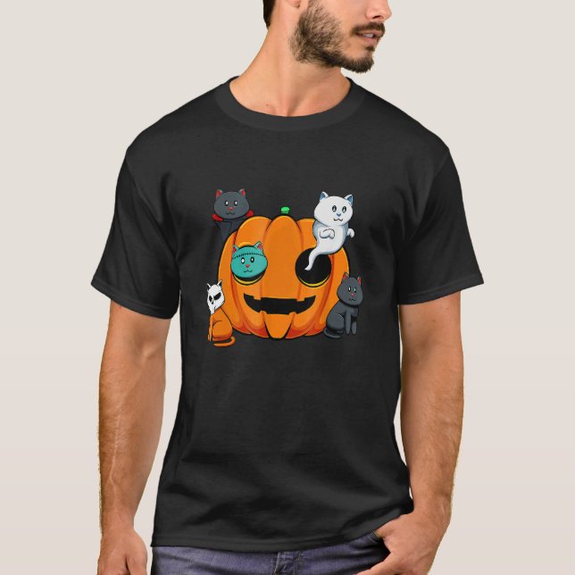 T-shirt Pumpkin Monster Cats Lazy Halloween Costume Cute K (Devant)