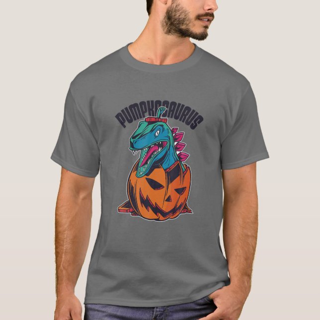 T-shirt Pumpkosaurus Funny Dinosaur Jack-o'-lantern Citrou (Devant)