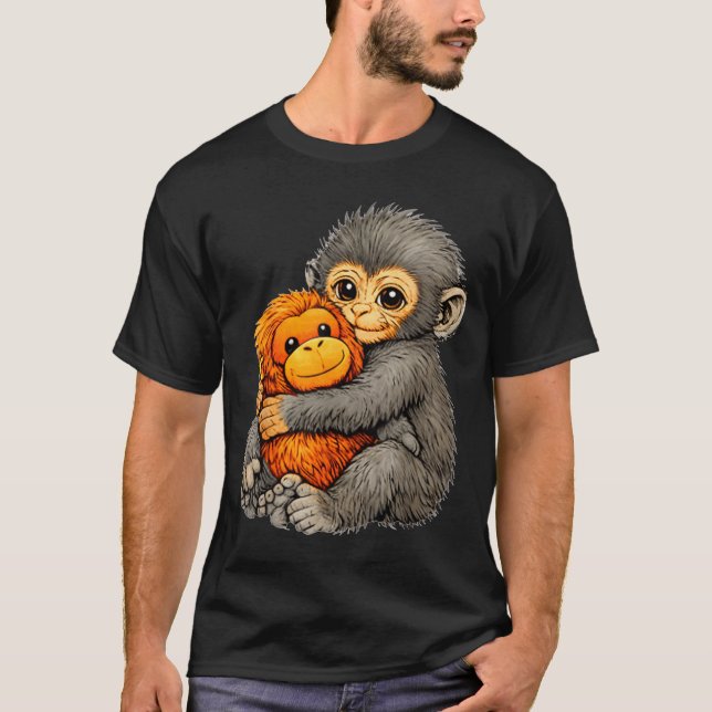 T-shirt Punch monkey funny cute baby animal hugging plush  (Devant)