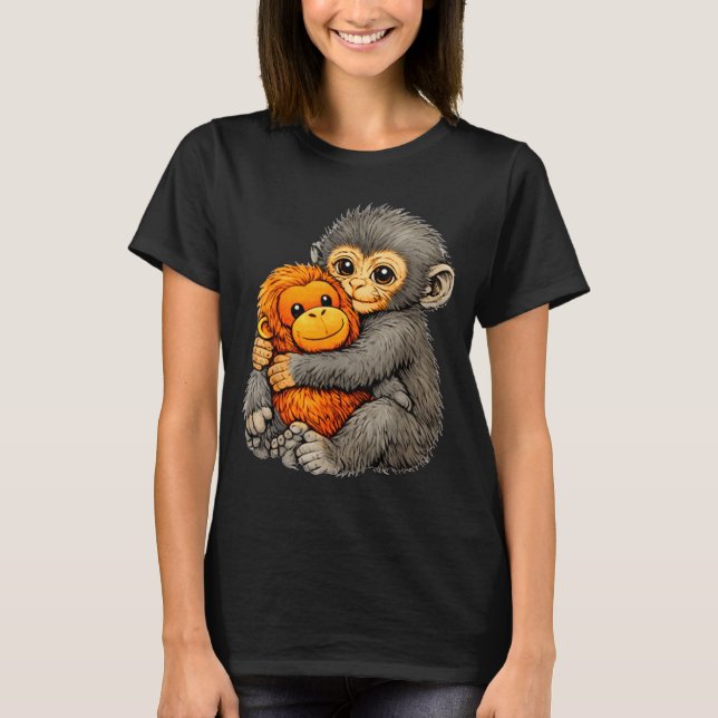 T-shirt Punch monkey funny cute baby animal hugging plush  (Devant)