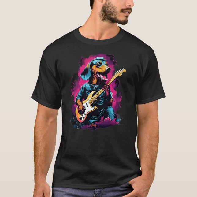 T-shirt Punk Rock Guitar Dachshund Dog Guitarist (Devant)