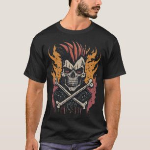 T-shirt Punk Rock Mohawk Crâne Os Croisés Flammes Ardentes