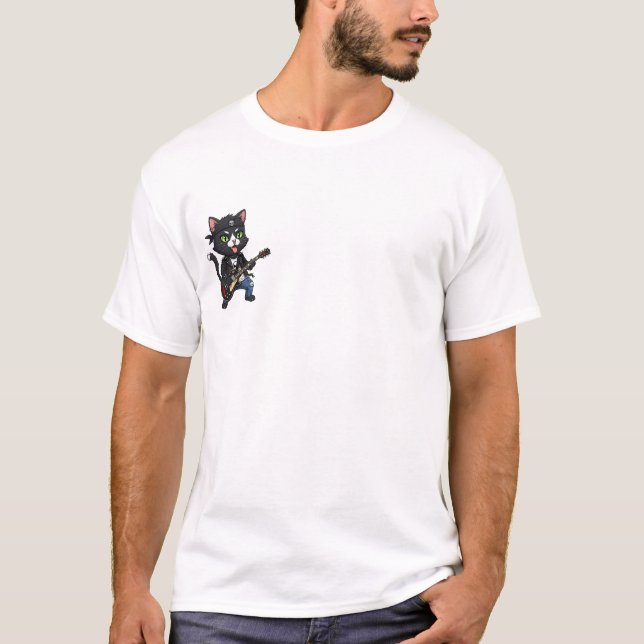 T-shirt Punk Rock Tuxedo Cat Guitarist with Spiked Leather (Devant)