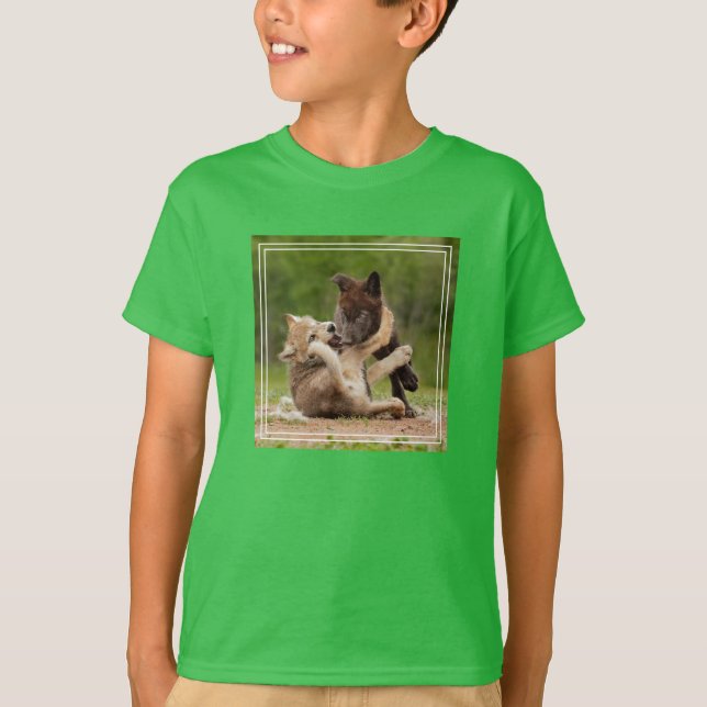 T-shirt Pups de loup gris luttant (Devant)