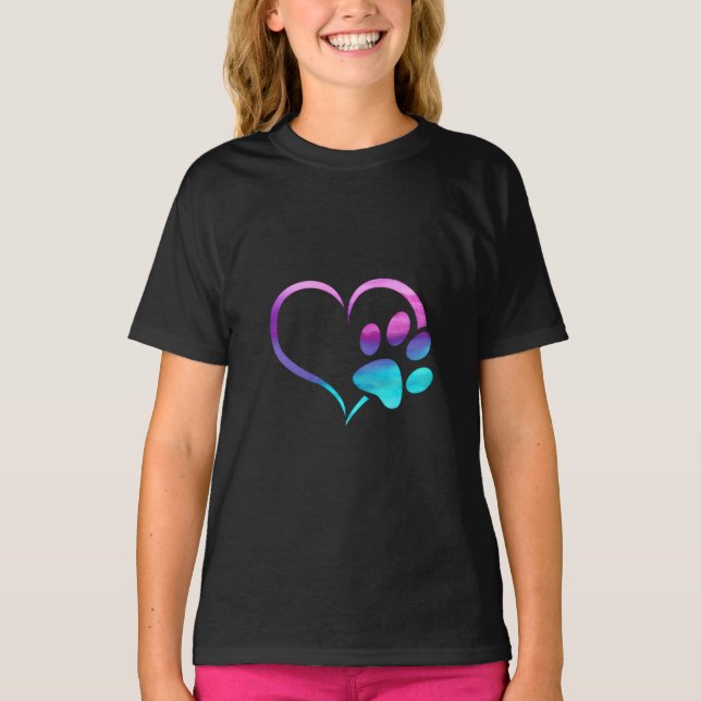 T-shirt Purple Cyan Dog paw Print Heart  (Devant)