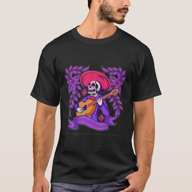 T-shirt Purple Floral Black Sugar Skull Day Of The Dead (Devant)