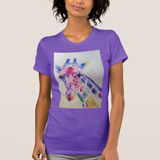 T-shirt Purple Giraffe mignonne Aquarelle femmes T Chemise (Devant)