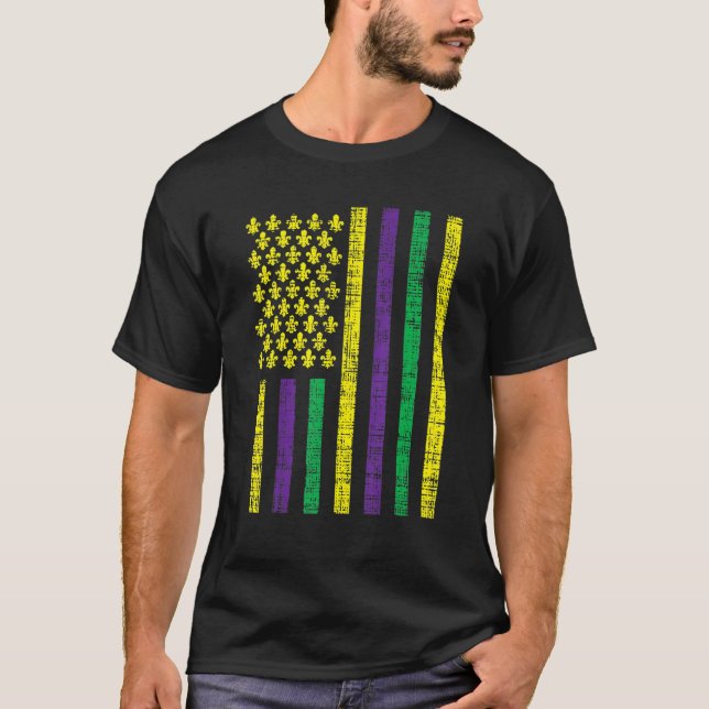 T-shirt Purple Green Yellow US Flag Jester Funny Mardi Gra (Devant)
