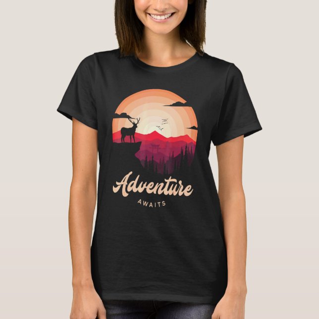 T-shirt Purple Sunset Mountain Deer Forest Aventure Attent (Devant)