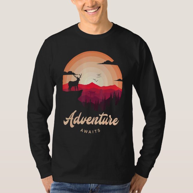 T-shirt Purple Sunset Mountain Deer Forest Aventure Attent (Devant)