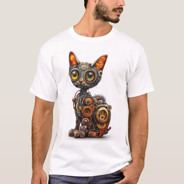 T-shirt Purr à la Vapeur � Chat Robot Steampunk (Devant)