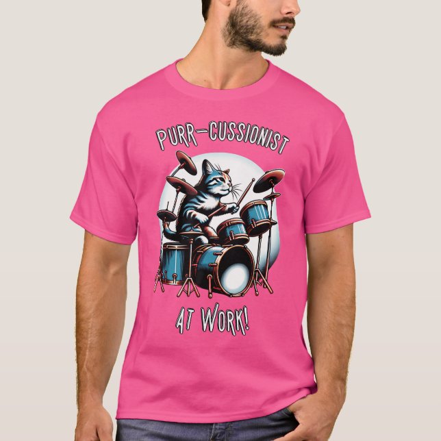 T-shirt Purr-Cussioniste À Workfun Chat Jouer Des Fûts (Devant)