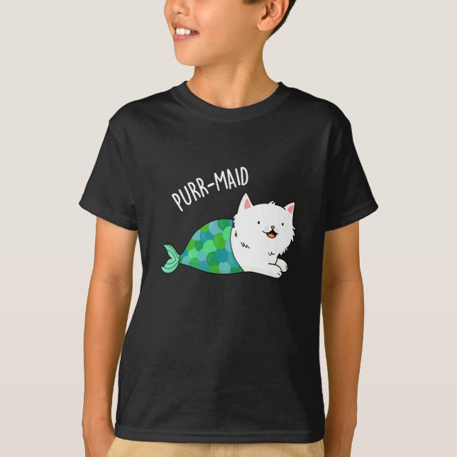 T-shirt Purr-maid Funny Kitty Chat Mermaid Pun Dark BG (Devant)