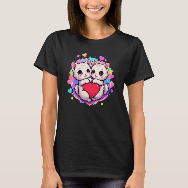 T-shirt Purrfect Love : Kawaii Couple Chats avec Coeur (Devant)