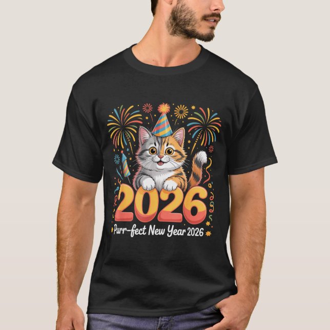 T-shirt Purrfect New Year 2026 Cute Cat Fireworks Celebrat (Devant)