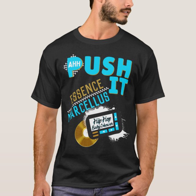 T-shirt Push It 90's Retro Neon Blue Hip hop Baby shower (Devant)