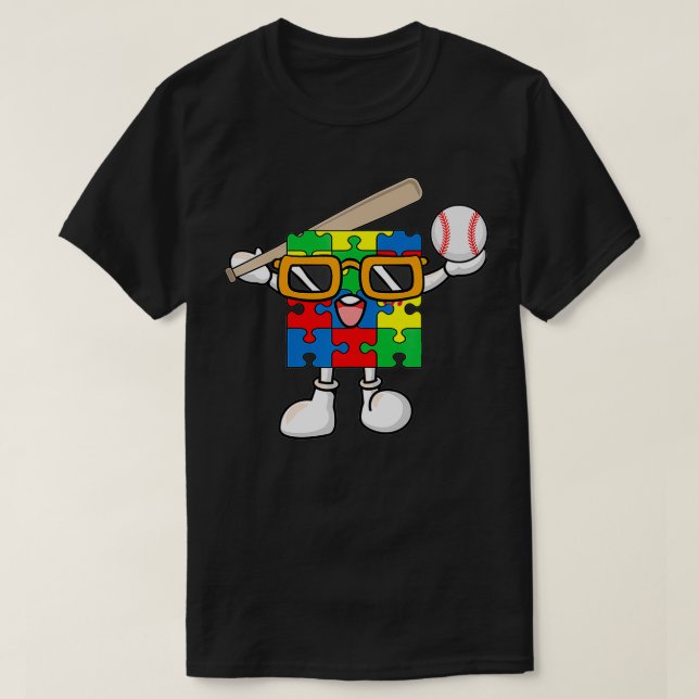 T-shirt Puzzle Piece Playing Baseball Autism Awareness Boy (Design devant)
