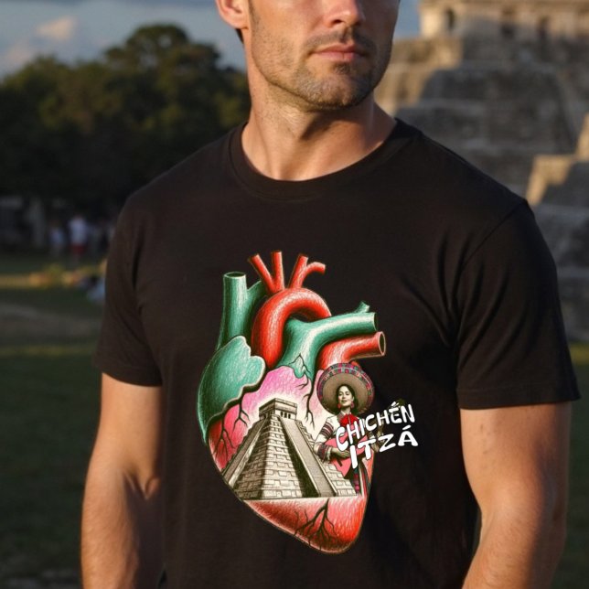 T-shirt Pyramide Maya de Chichén Itzá Cœur Anatomique (Chichén Itzá Mayan Pyramid Anatomical Heart T-Shirt)