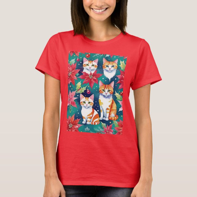 T-shirt Quatre Chats Tabby De Noël Avec Poinsettias (Devant)