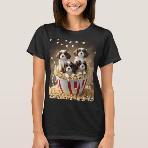 T-shirt Quatre Chiots Espagnols Cavaliers Dans Le Popcorn,