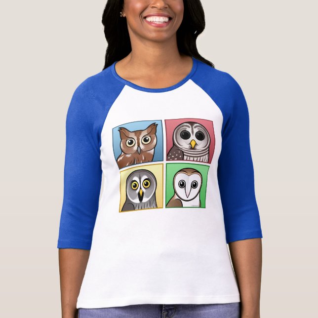 T-shirt Quatre hiboux de couleur (en pastel) (Devant)