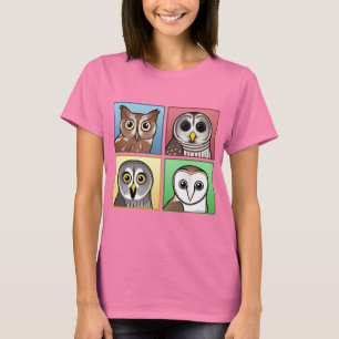 T-shirt Quatre hiboux de couleur (en pastel)