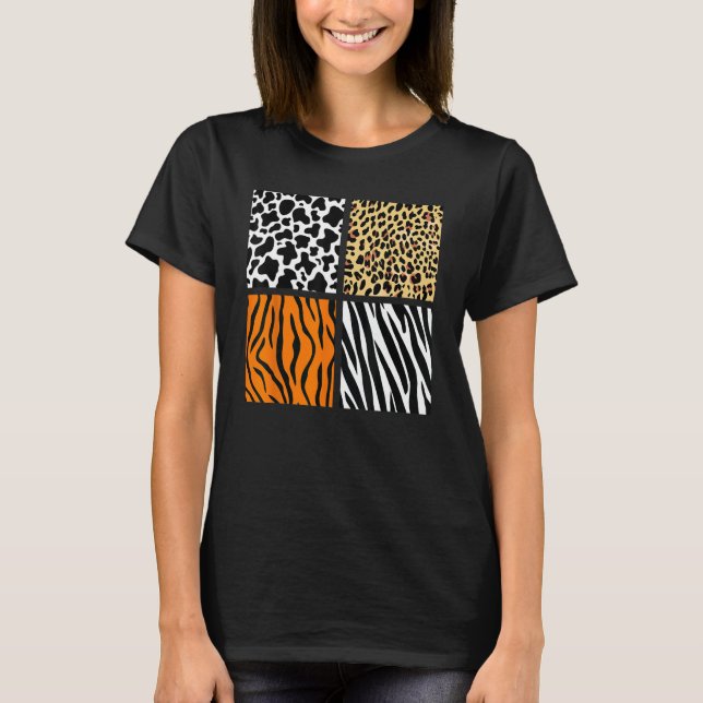 T-shirt Quatre motifs d'animaux Vache Tigre Léopard Zèbre  (Devant)