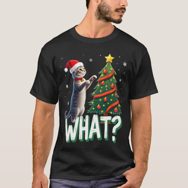 T-shirt Quel chat drôle pousse l'arbre de Noël sur le chat (Devant)