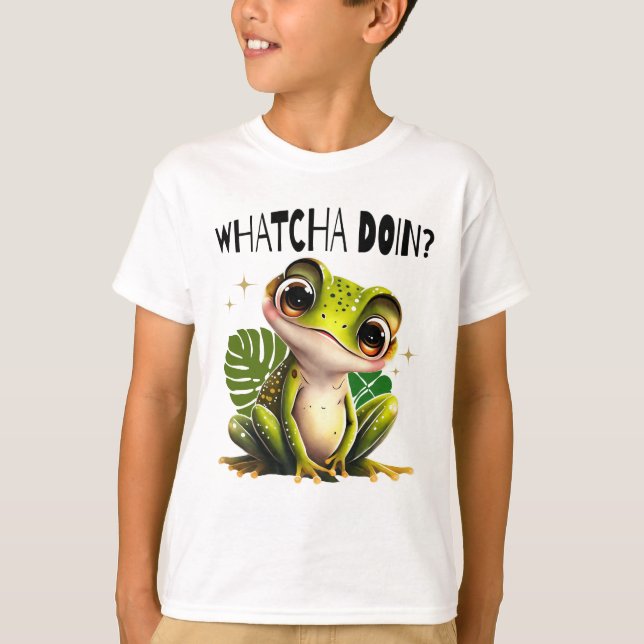T-shirt Qu'est-ce que tu fais? Drôle de grenouille curieus (Devant)