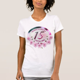 T-shirt Quinceanera 15 Anniversaire rose Faux métal floral