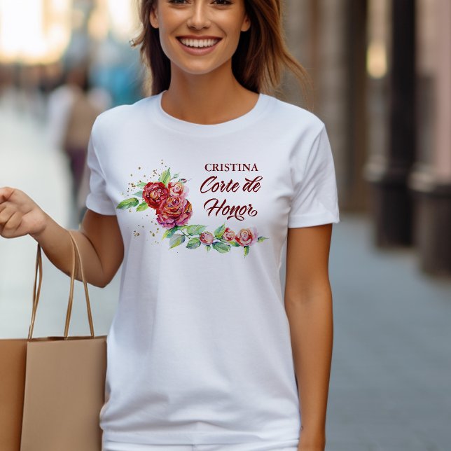 T-shirt Quinceanera Corte de Honor Élégante rose rouge flo (Quinceanera birthday t-shirt from my Vintage Floral Red Roses Quinceanera Collection)