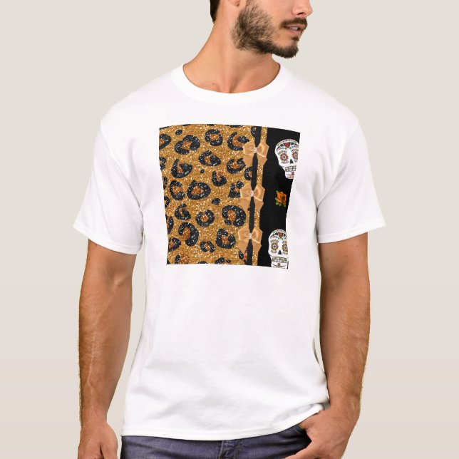 T-shirt RAB Rockabilly Gold Leopard Print Sugar Skulls (Devant)