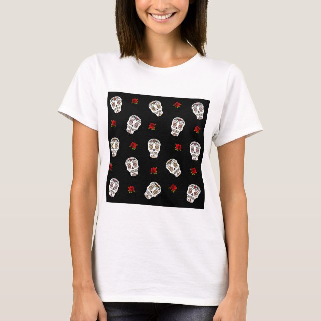 T-shirt RAB Rockabilly Sugar Skulls Roses sur fond noir (Devant)