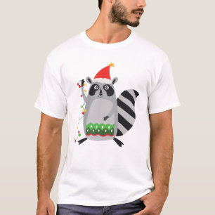 T-shirt Raccoon À Santa Hat Tangé Dans Les Lumières De Noë