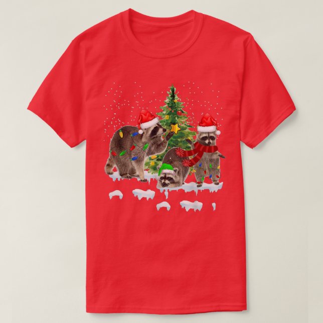 T-shirt Raccoon Christmas Tree Lights Pajama Racoon Lover  (Design devant)