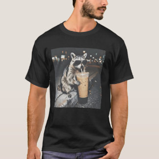 T-shirt Raccoon Drinking Iced Coffee Shirt