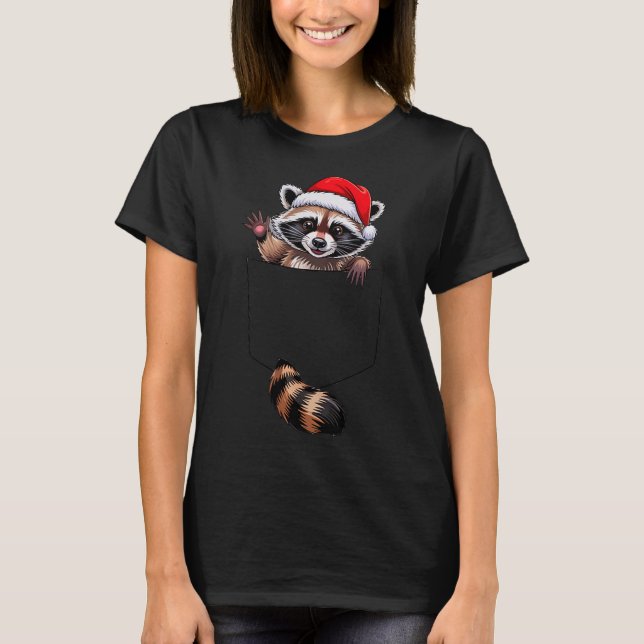 T-shirt Raccoon In Cket Funny Xmas Santa Hat Graphic  (Devant)